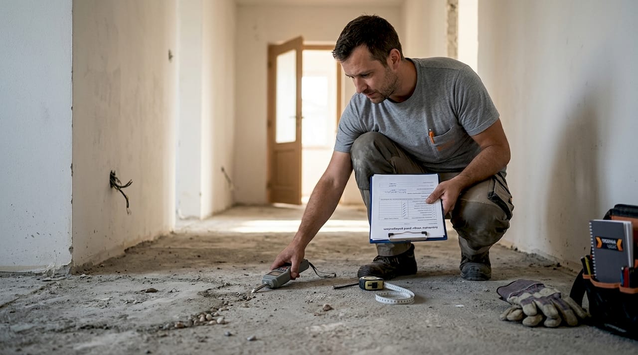 Delavec preverja vlago v estrihu.