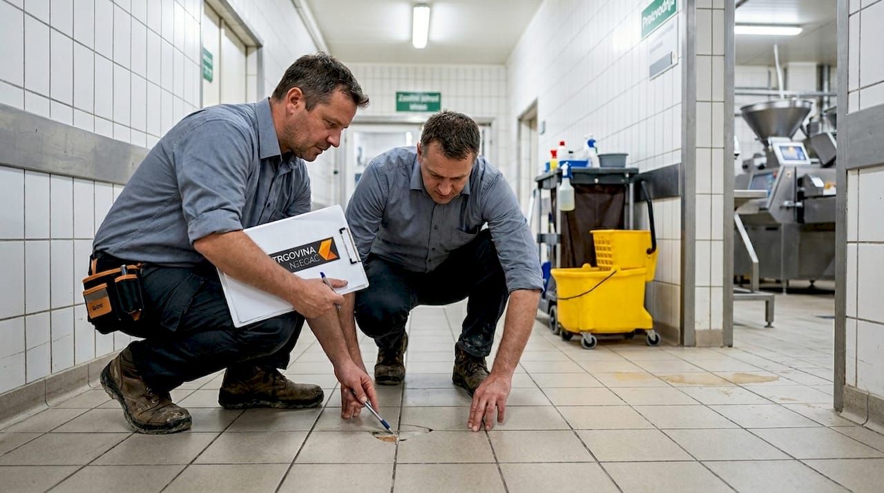 Vodje si ogledujejo obrabljena keramična tla v industrijskem obratu.