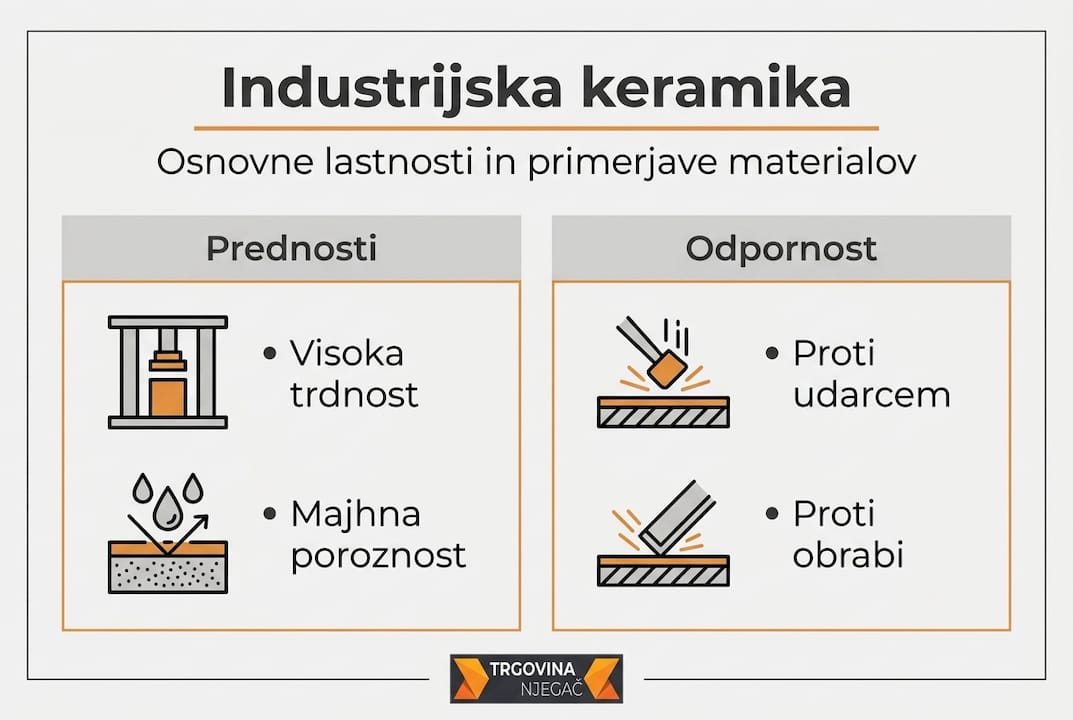 Pregledna infografika s primerjavo lastnosti industrijskih keramičnih ploščic