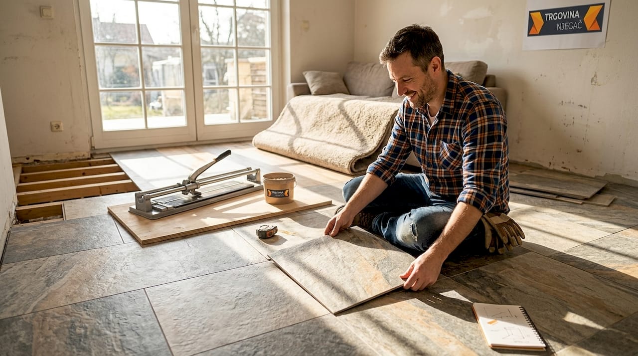 Moški v dnevni sobi suho polaga porcelanaste gres ploščice in preverja, kako se prilegajo prostoru.