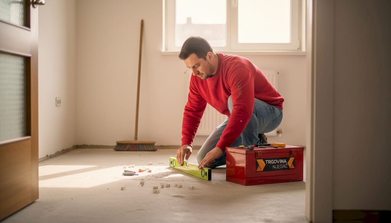 Delavec preverja, ali je kuhinjska tla ravna.