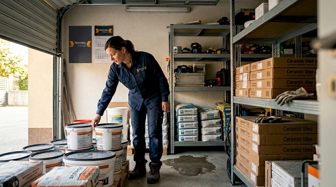 V garaži si ženska ogleduje, kaj vse ima spravljeno med materiali.