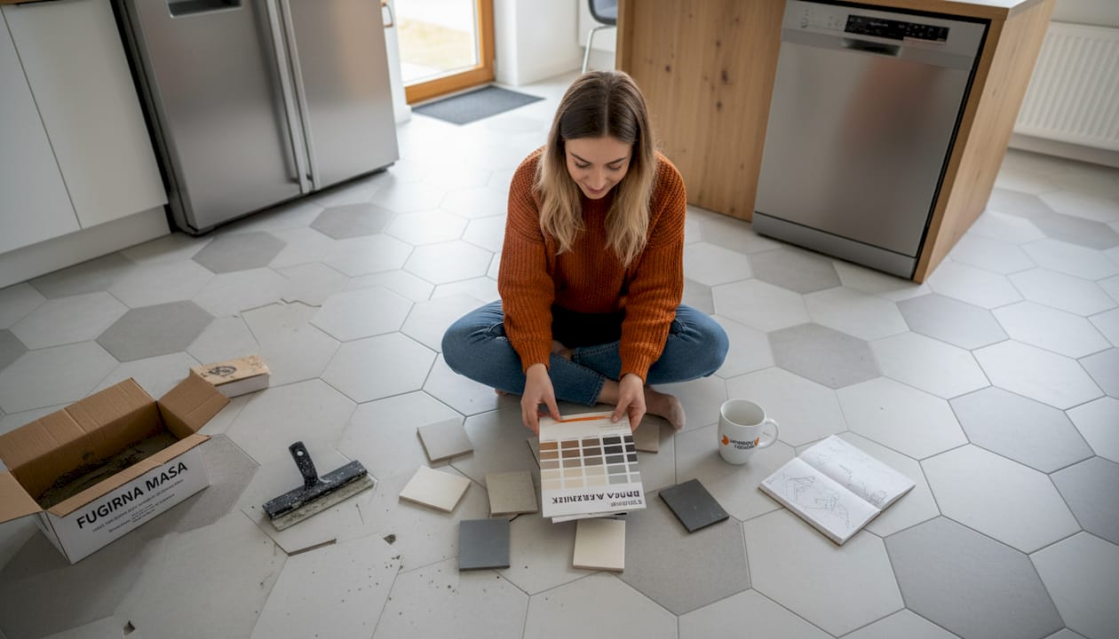 Ženska na kuhinjskih tleh primerja vzorce ploščic in se odloča, katere bi najbolj pristajale njeni novi kuhinji.