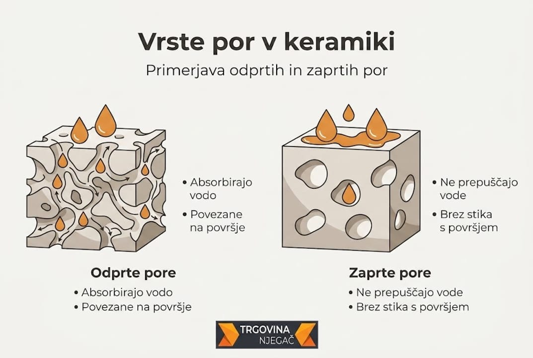 Vizualni prikaz razlik med odprtimi in zaprtimi porami keramike