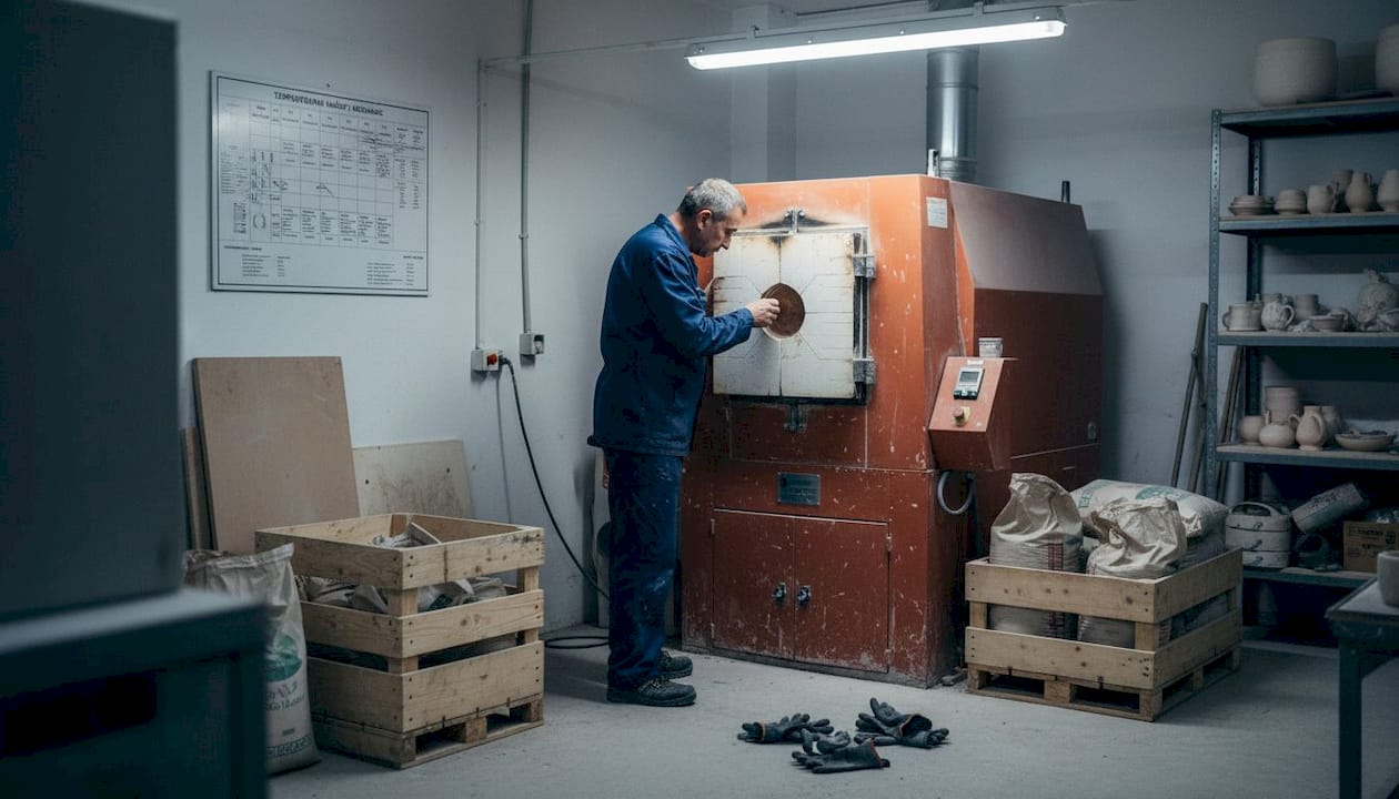 Mojster skrbno spremlja potek žganja v keramični peči.
