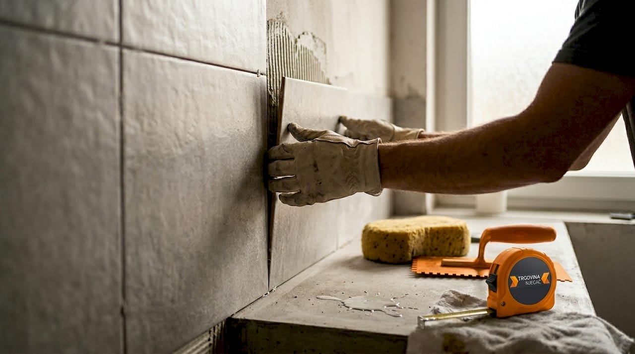 Roke previdno nameščajo keramične ploščice na steno v kopalnici.