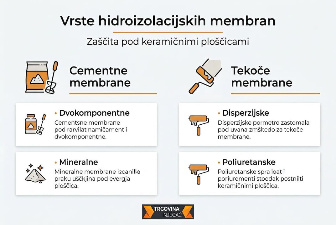 Na infografiki so nazorno prikazane različne vrste membran za hidroizolacijo.