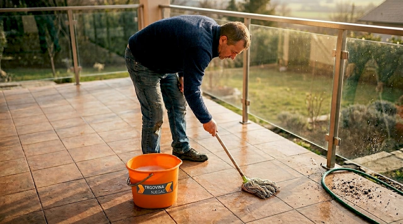 Moški temeljito čisti fugiranje med keramičnimi ploščicami na terasi.