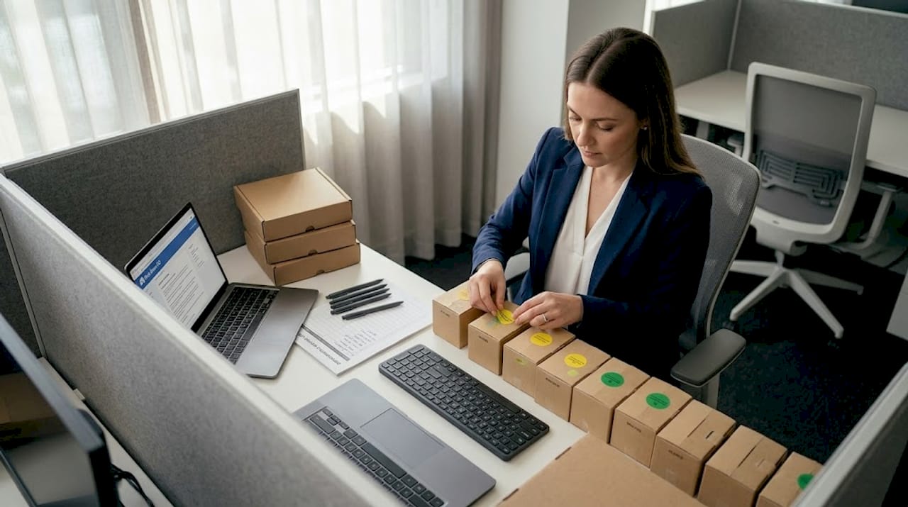 Employee color coding crates for office move