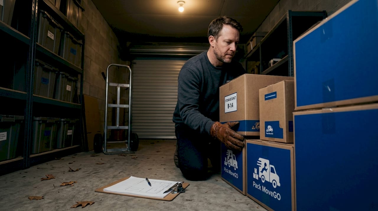 Man organizing boxes inside a storage unit