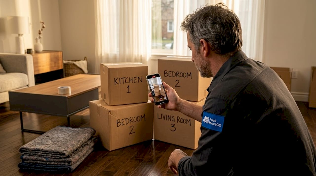 Man filming moving box inventory in living room
