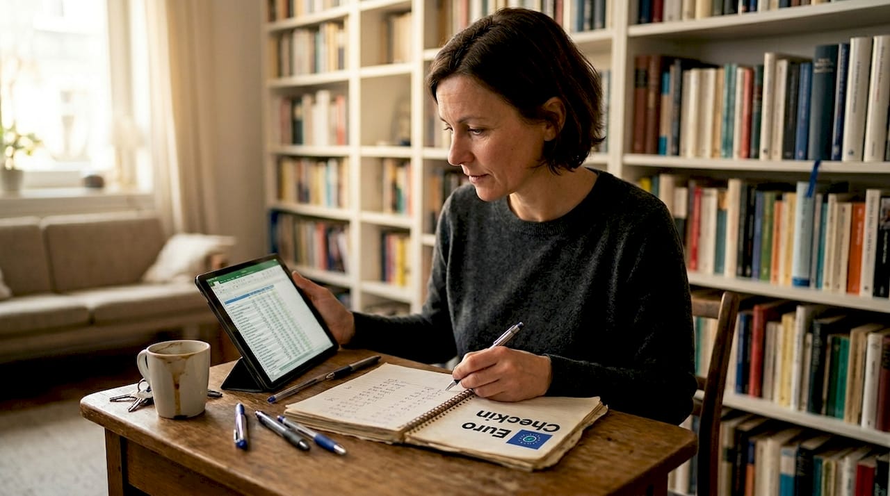 Mujer revisando y organizando los gastos del año en su salón de belleza