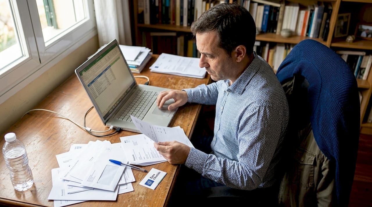 Persona organizando papeles a mano sobre su escritorio