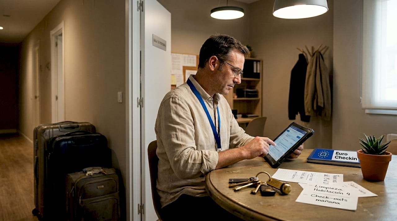 El encargado revisa información en una tablet dentro de la oficina
