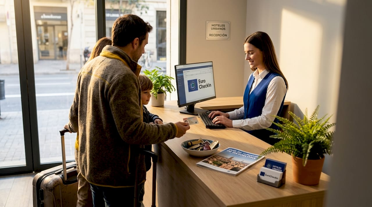 Recepcionista atendiendo el proceso de check-in de los huéspedes en el hotel