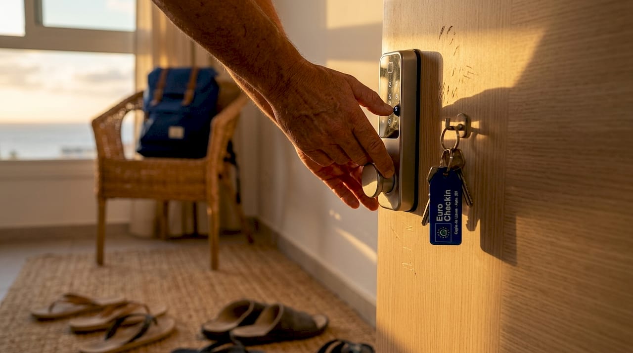 Persona abriendo la puerta de su piso con una cerradura inteligente