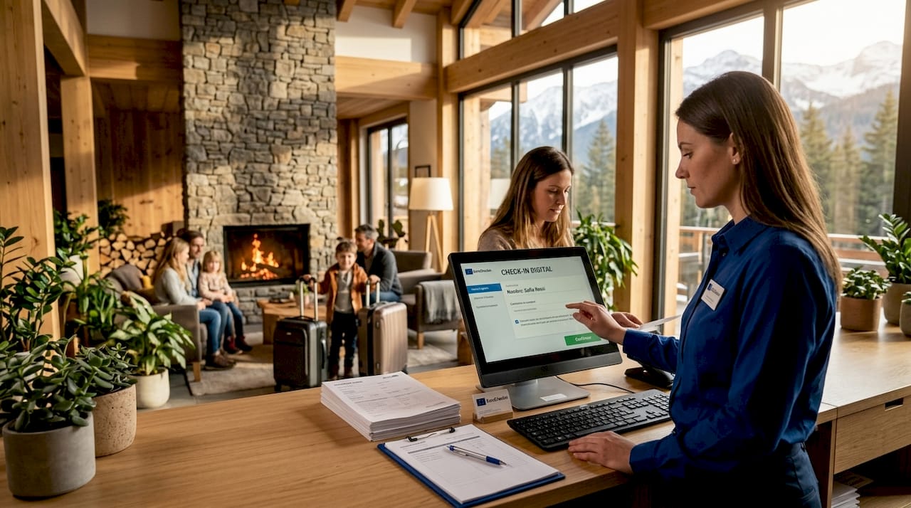 Recepcionista digitalizando y agilizando el proceso de check-in en hoteles
