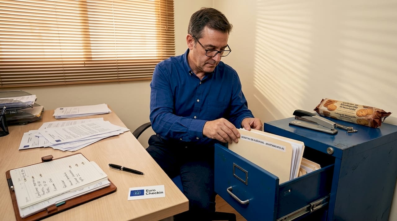 Administrador organizando y archivando documentos en su despacho en casa