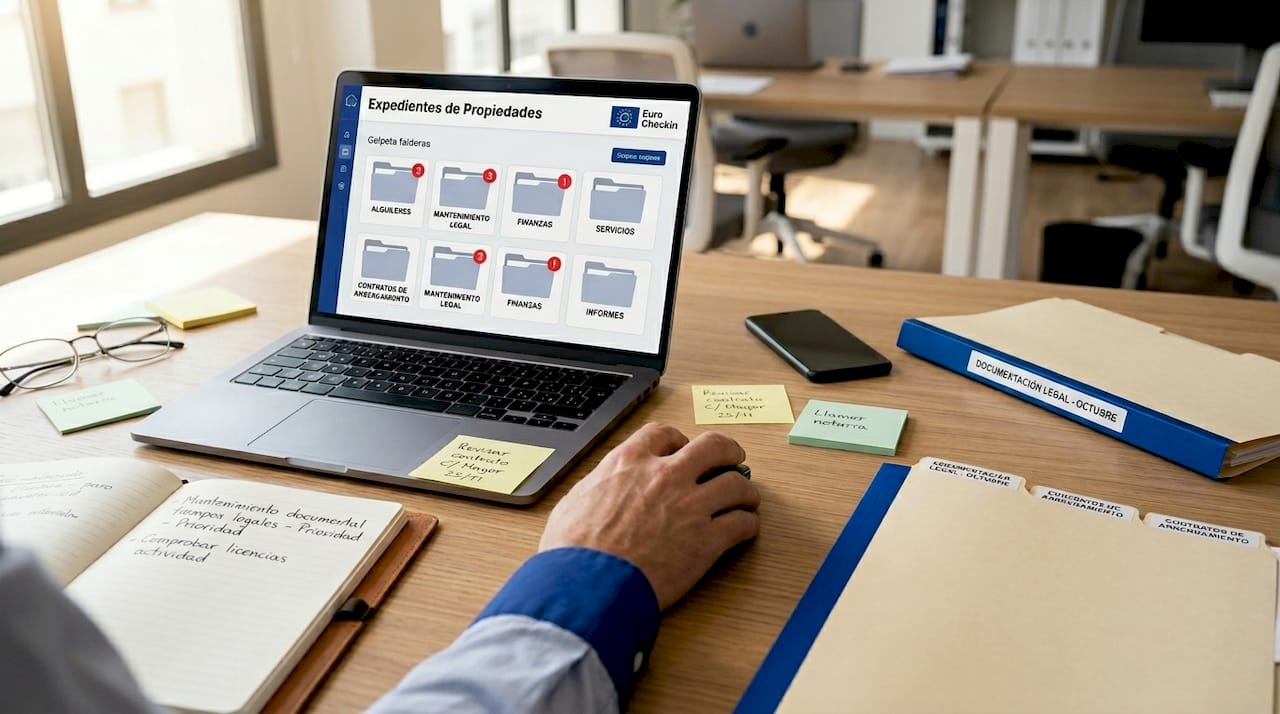 Mano gestionando una carpeta digital con notificaciones