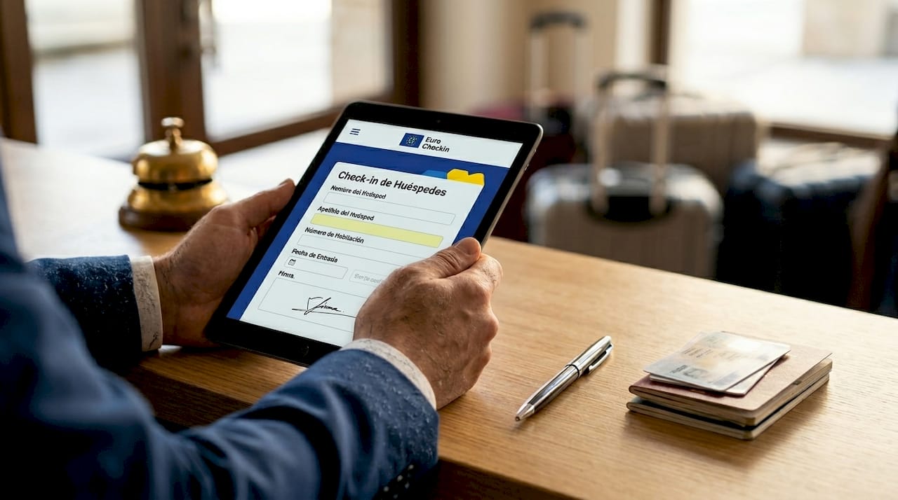 Un profesional realiza el check-in desde una tablet