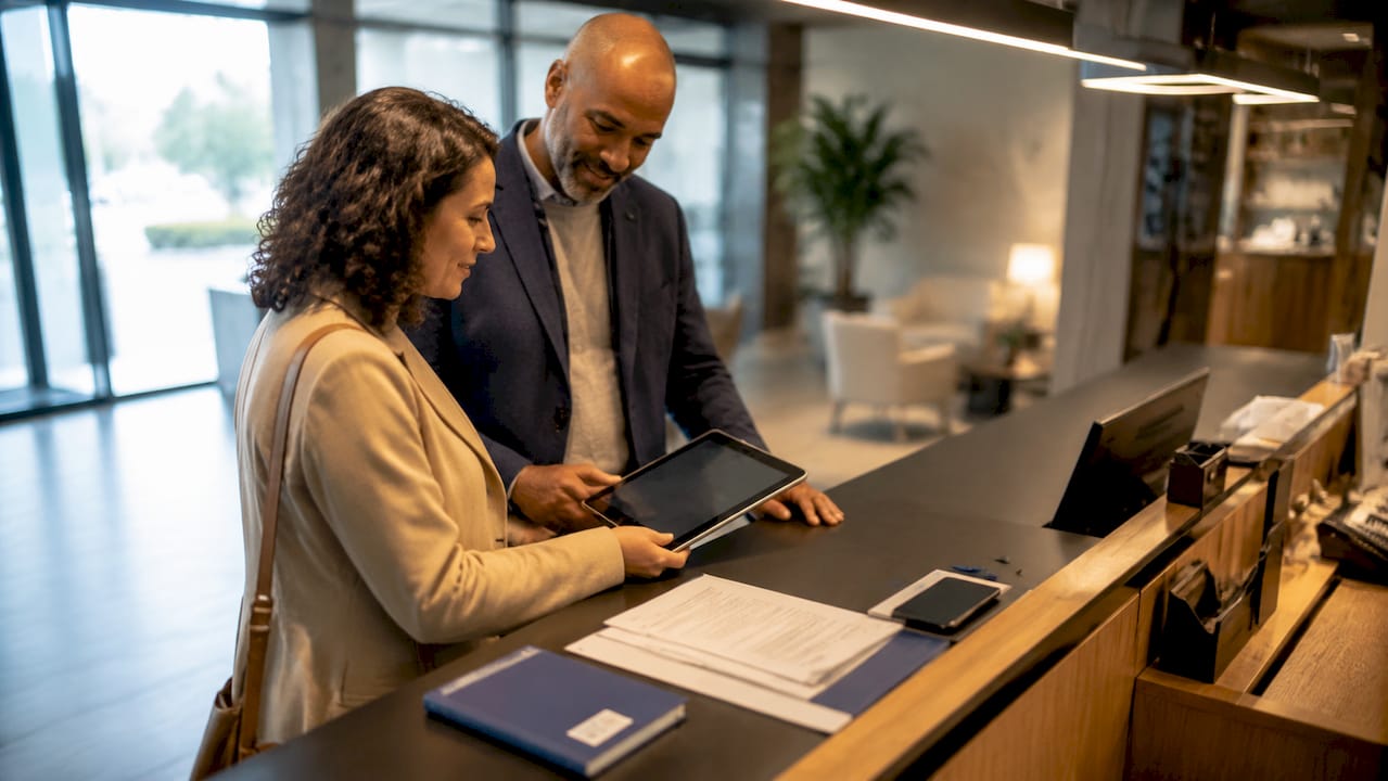 Una pareja llega al hotel y realiza el registro de entrada de manera automática.