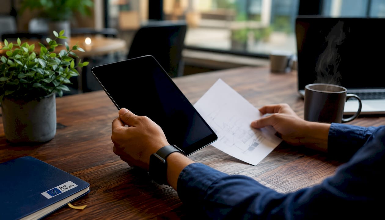 Personas interactuando con una tablet para gestionar tareas de inteligencia artificial en un hotel