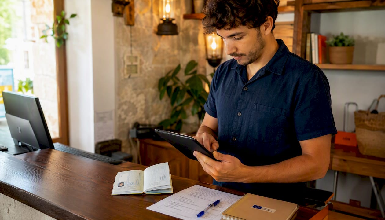 Unas manos registrando información de huéspedes en una tablet