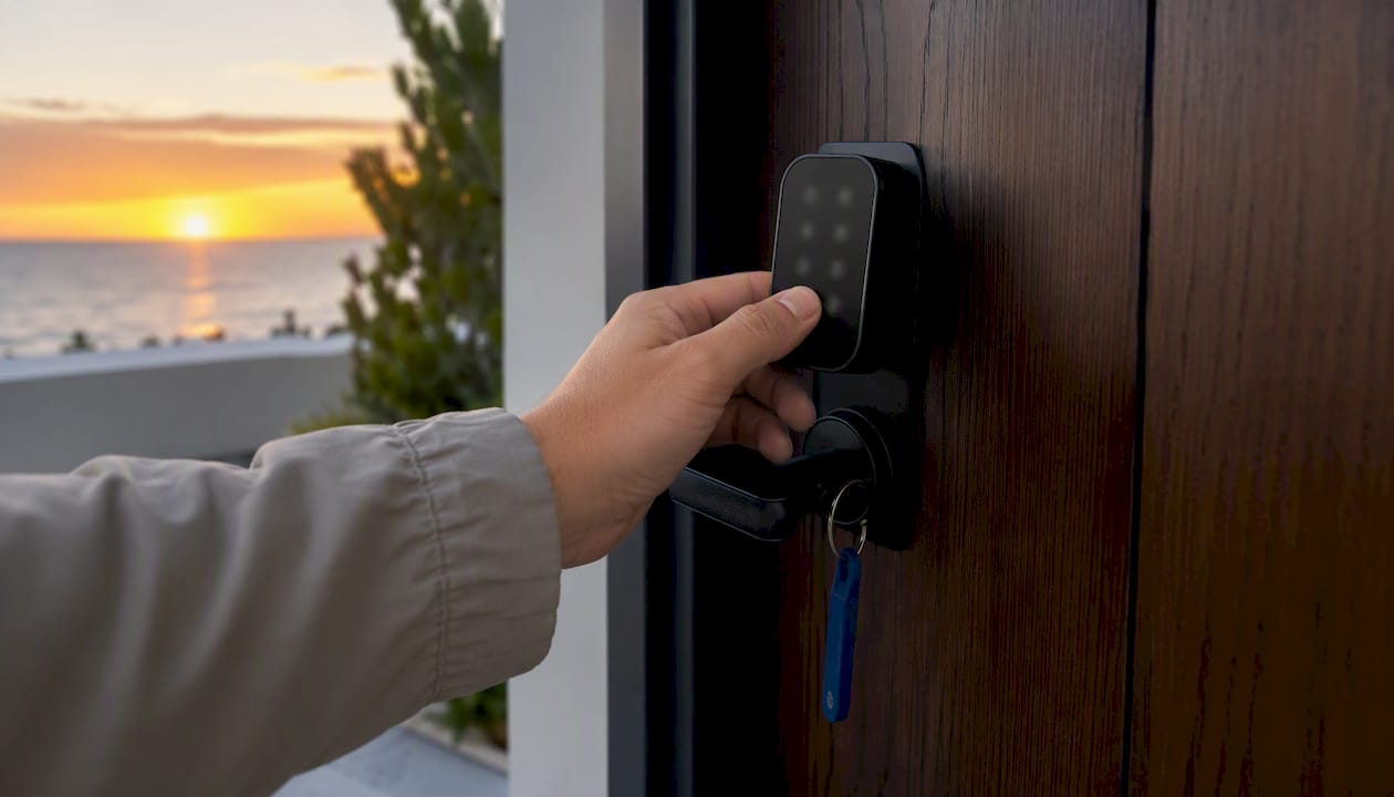 Una mano se acerca al teclado digital de la cerradura en la puerta de un piso de alquiler.