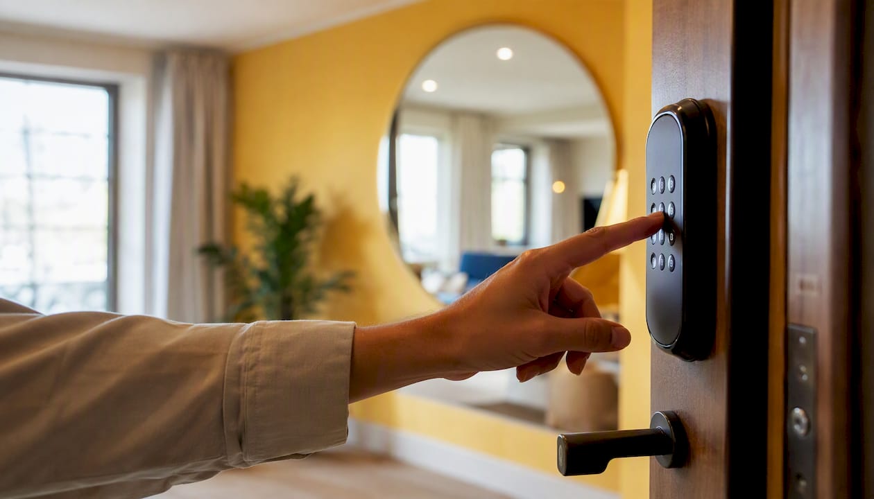 Persona utilizando una cerradura inteligente con la mano