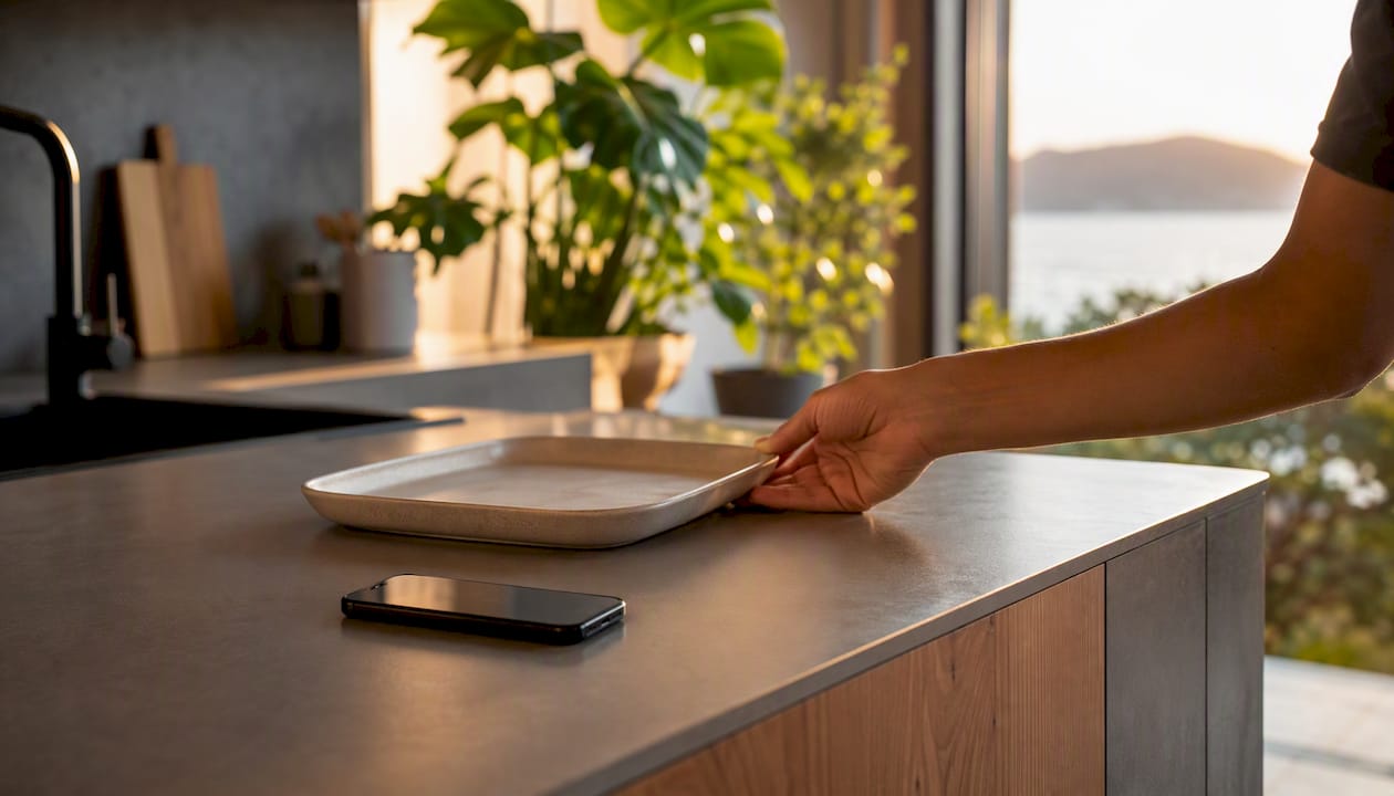 Una mano coloca una bandeja sobre la encimera de una cocina moderna.