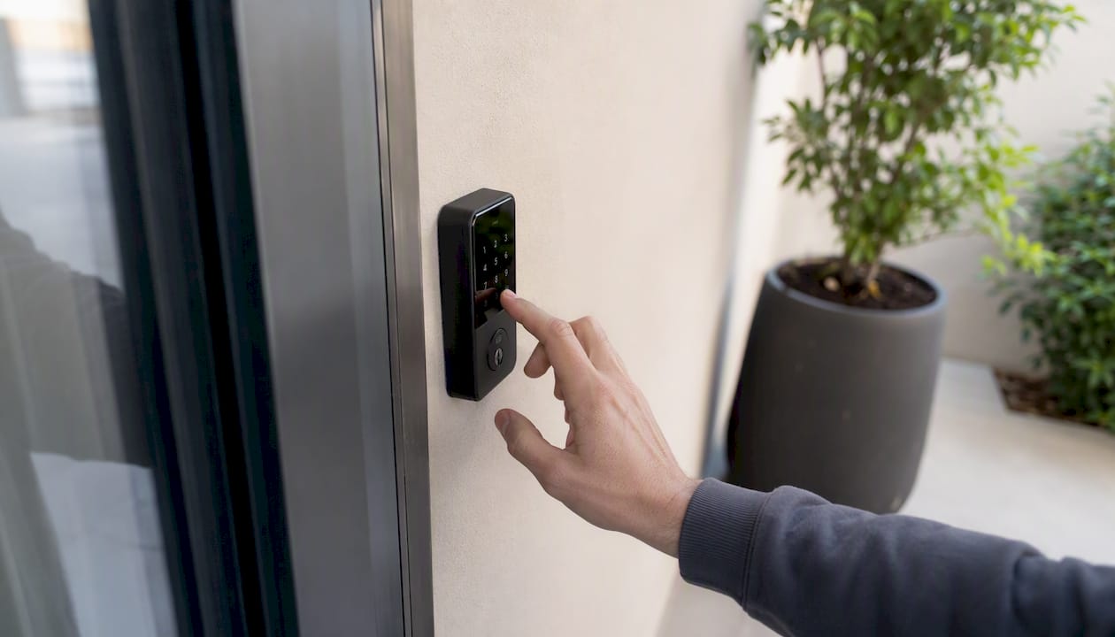 Persona introduciendo el código en el teclado digital de la puerta de un alojamiento turístico