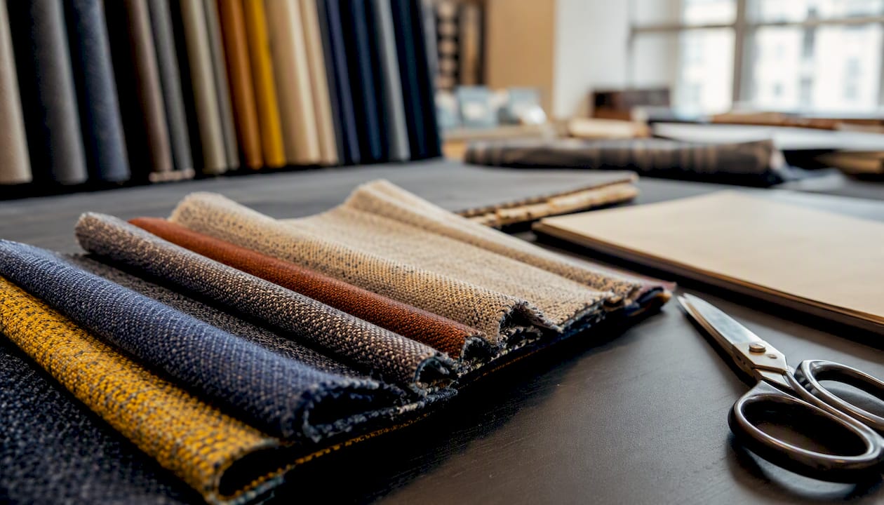 Up-close upholstery fabric samples on table