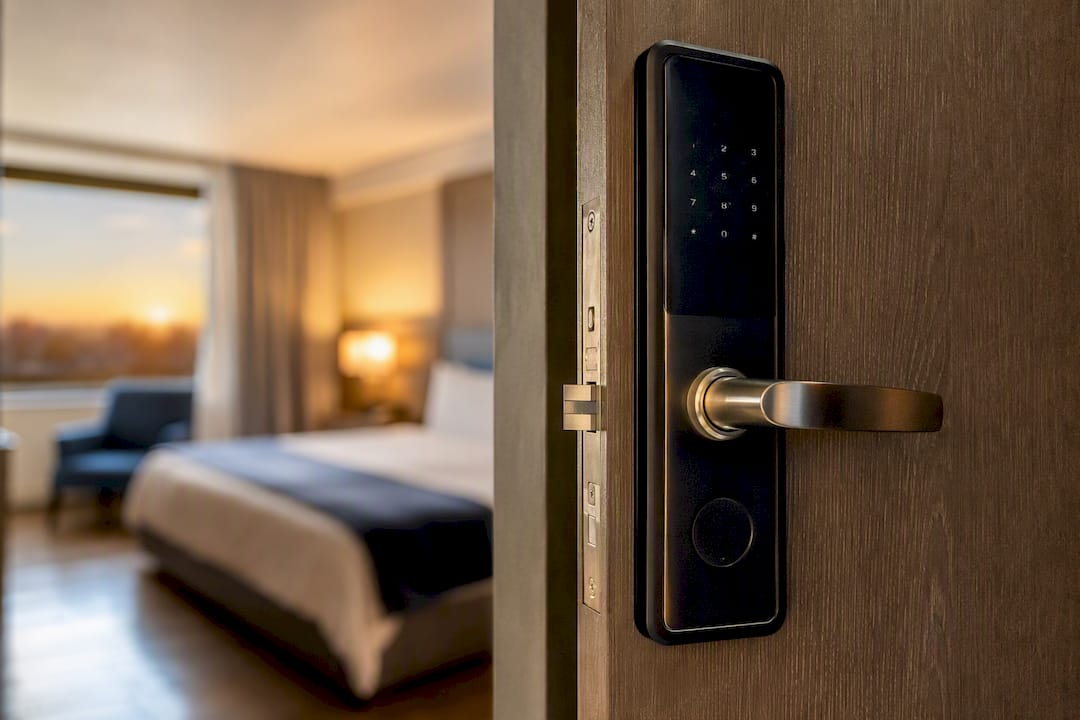 Detalle del teclado numérico en la puerta de una habitación de hotel