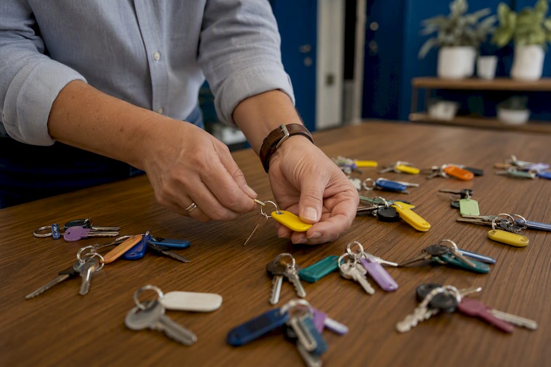 Hands organizing keys for multiple rental properties