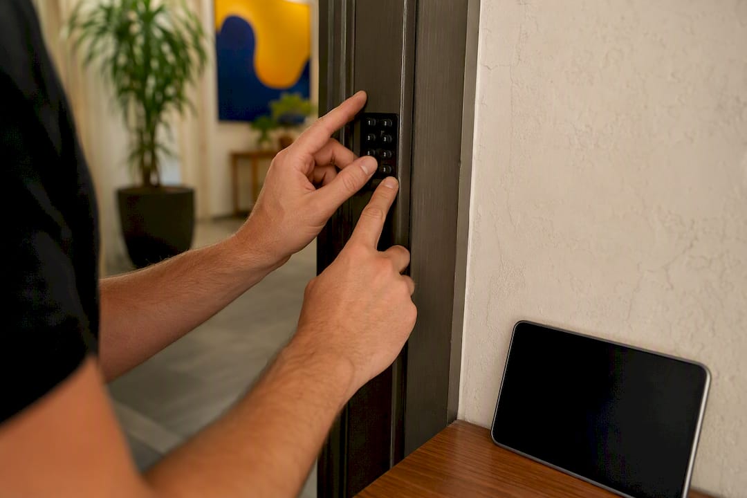 Hands manually configuring smart lock on rental door