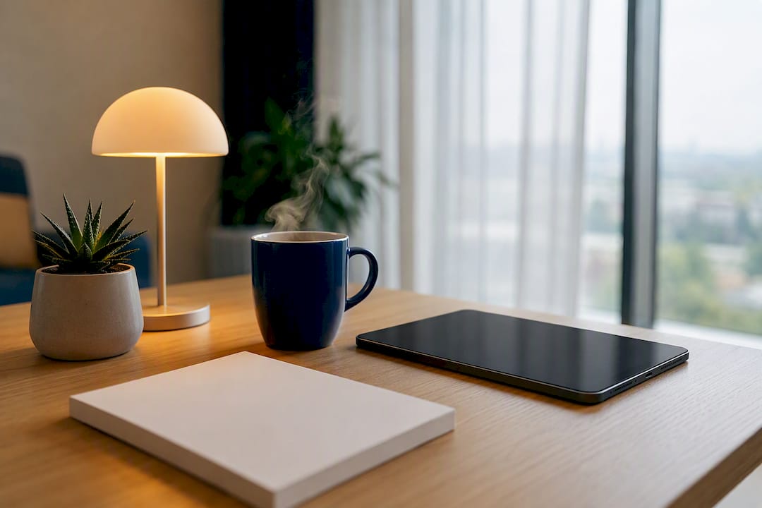 Spazio di lavoro con calendario e tablet per aggiornare i contenuti della guida