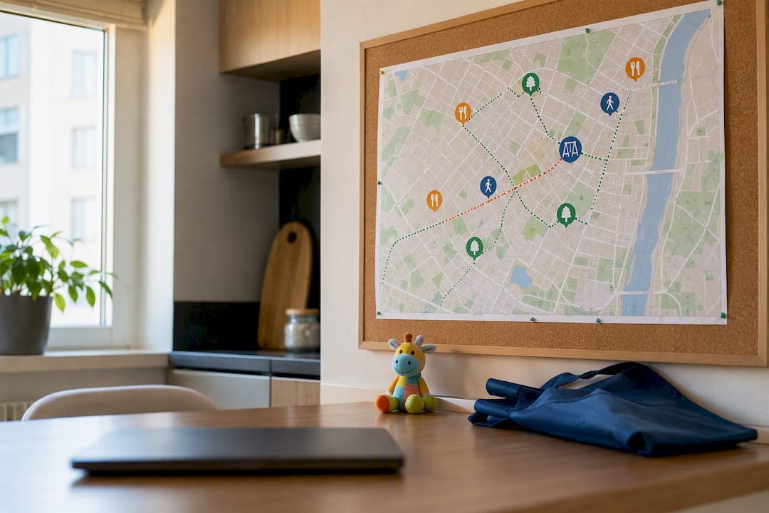 Mappa locale che mostra parchi giochi e ristoranti per famiglie