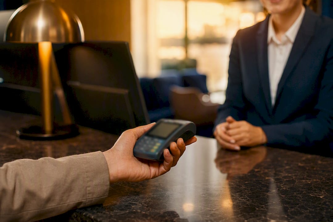 Mano pagando un servicio adicional con terminal contactless