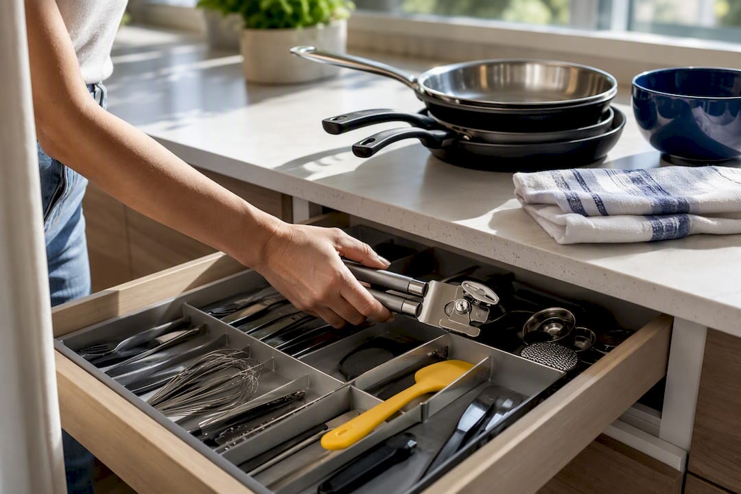 Can opener and pans in rental kitchen