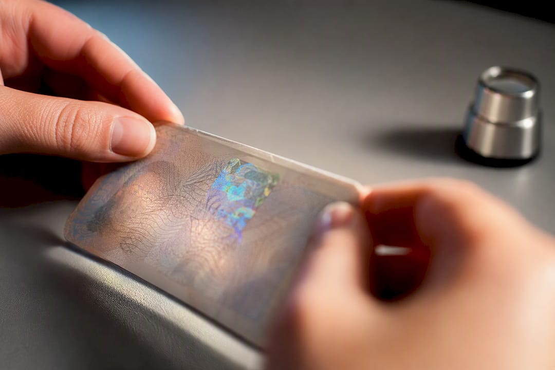 As mãos verificam o relevo e o holograma do documento