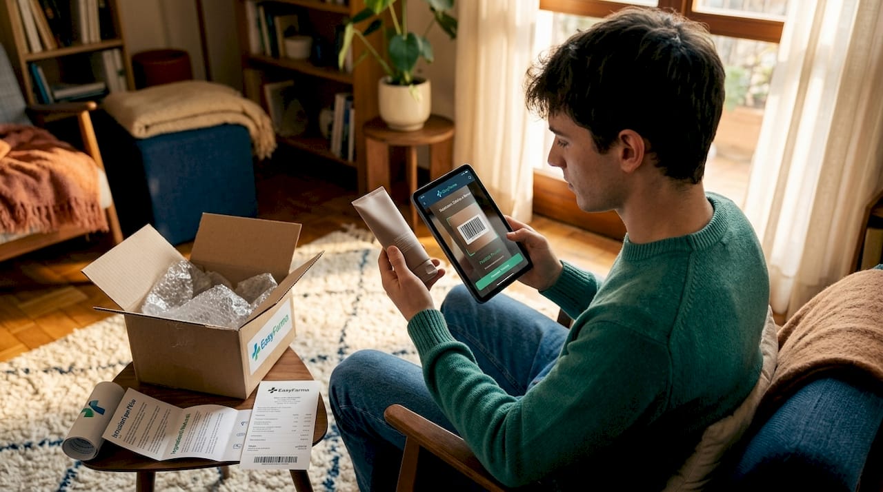 Uomo che controlla l’autenticità di un prodotto cosmetico tramite tablet