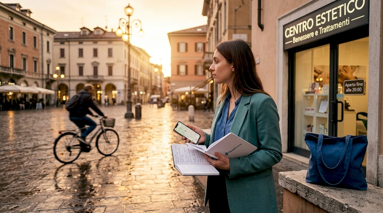 Donna interessata a valutare un centro estetico nell’ambito di un’analisi di mercato