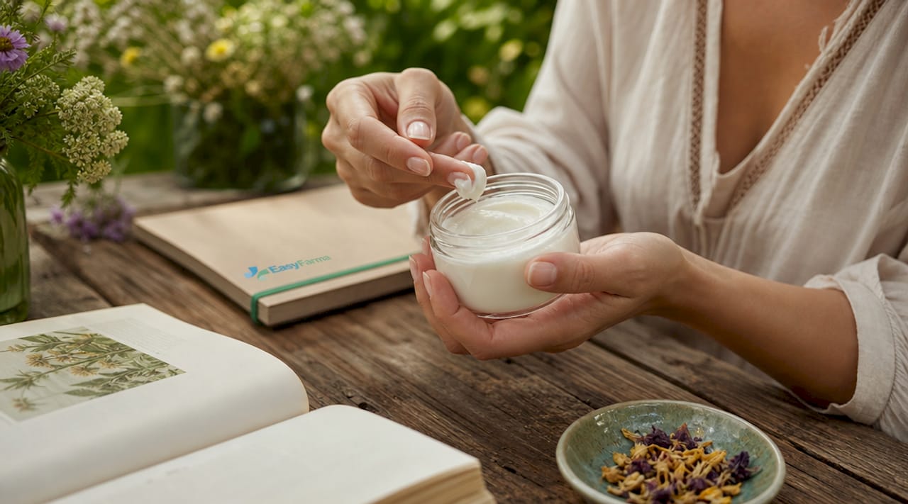 Mani che sorreggono una crema viso bio in un ambiente da spa