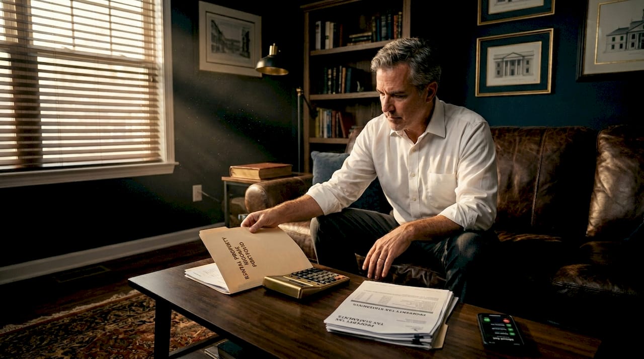 Man reviewing real estate income paperwork