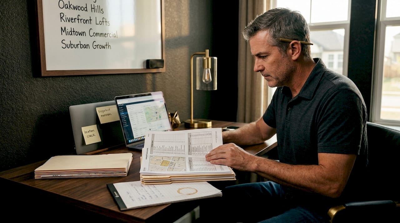 Man researching real estate deal paperwork