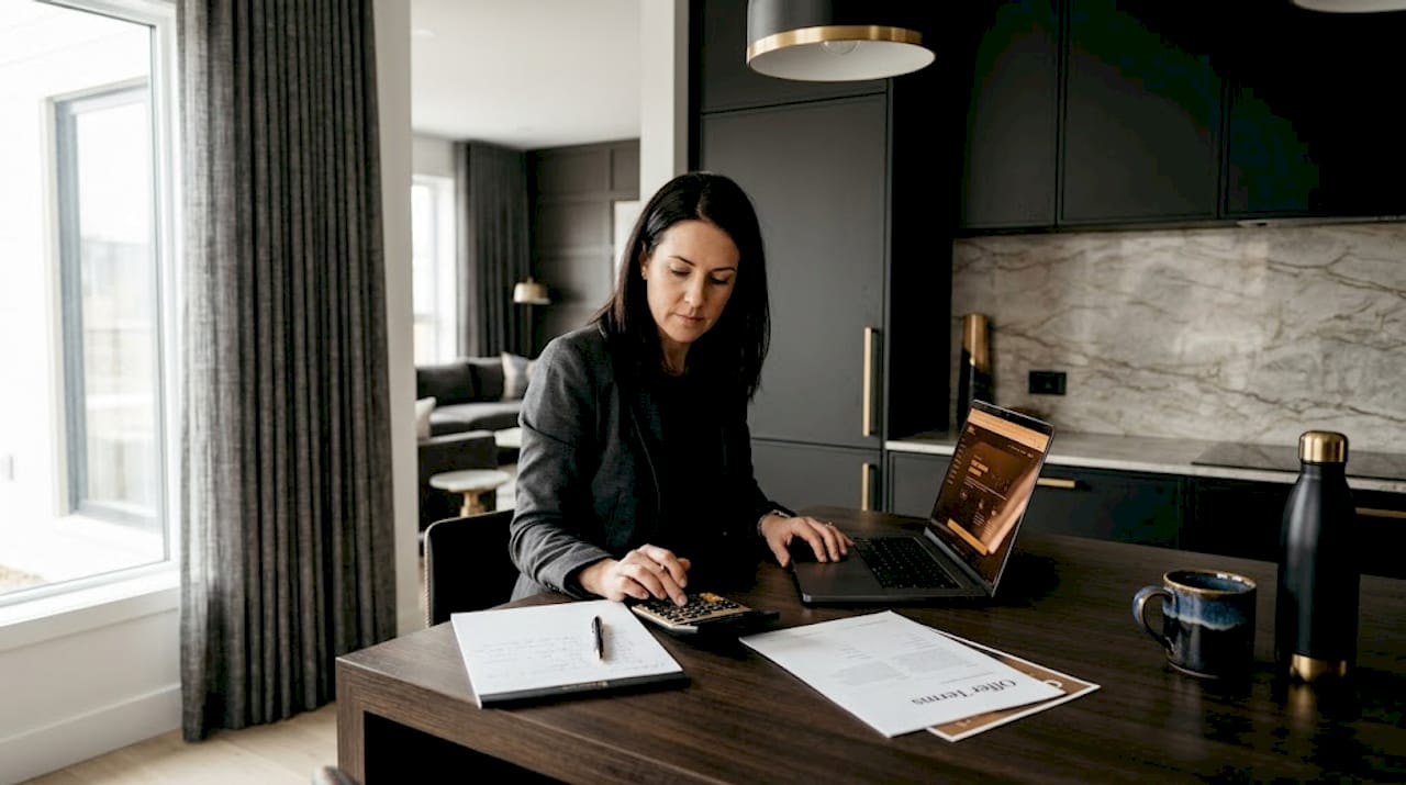 Woman calculating cash offer on kitchen counter