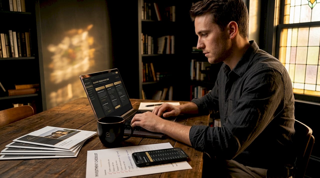 Typing workflow at kitchen table with checklists