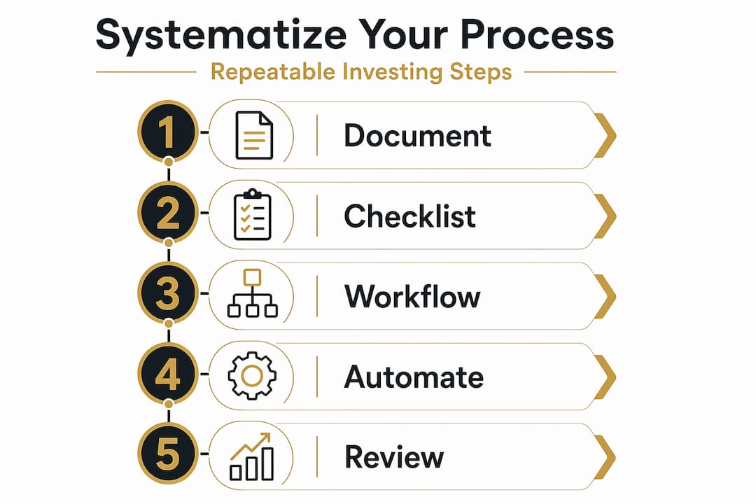 Vertical infographic listing systematize investing steps