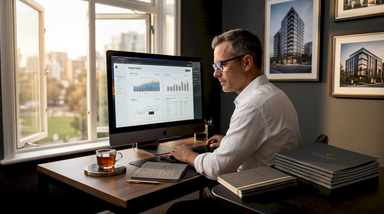 Real estate agent reviewing market analysis at desk