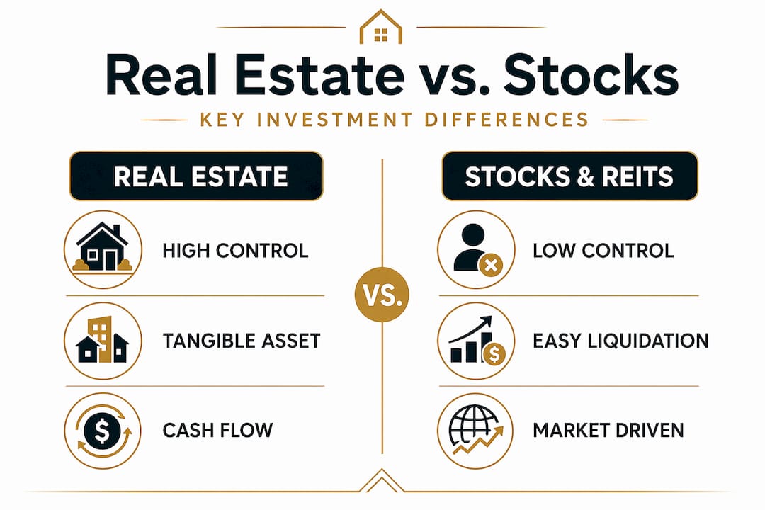 Infographic comparing real estate and stocks features